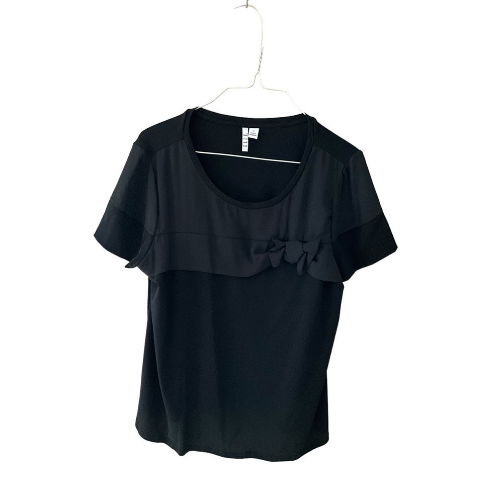 Elle Blouse Top Women's Size‎ M Black Crew Neck Bow Front Short Sleeve Pullover